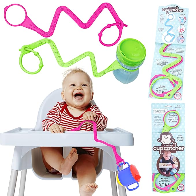 Brilli Baby Cup Catcher Patented Safety Tether Strap, Attach Sippy Cups, Bottles, Pacifiers & More to Stroller, High Chair, Car Seat, Made in USA, Food Grade, Dishwasher Safe (Pink & Lime)