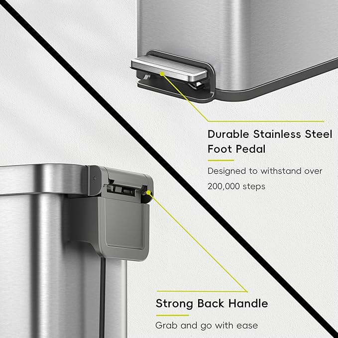 EKO Hudson Slim 50L / 13.2 Gallon Kitchen Trash Can with Lid, Stainless Steel Step Garbage Can for Kitchen or Home, Space-Saving Garbage Can with Soft Close Lid, Stay-Open, Liner Ring, Handle