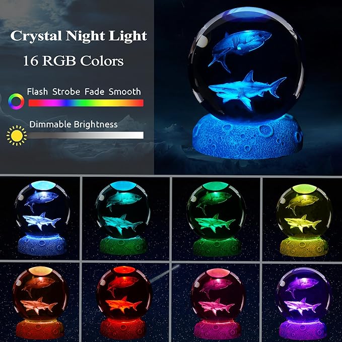 Shark Night Light, 3D Crystal Ball Shark Lamp, Underwater Gifts with 16 Color Remote Upgraded 3.15 Inch Ball for Room Decor Boys Girls Birthday Xmas Cool Figurines Gifts