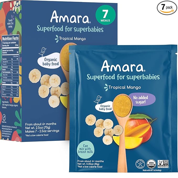 Amara Organic Baby Food - Stage 2 - Tropical Mango - Baby Cereal to Mix With Breastmilk, Water or Baby Formula - Shelf Stable Baby Food Pouches Made from Organic Fruit - 7 Pouches, 3.5oz Per Serving