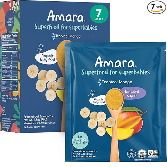 Amara Organic Baby Food - Stage 2 - Tropical Mango - Baby Cereal to Mix With Breastmilk, Water or Baby Formula - Shelf Stable Baby Food Pouches Made from Organic Fruit - 7 Pouches, 3.5oz Per Serving