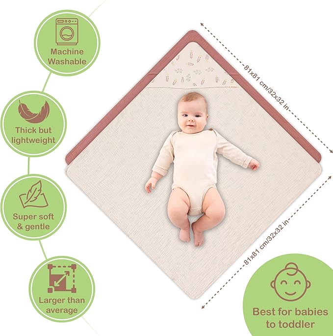 Organic Cotton Muslin Baby Hooded Towels - 32x32 Inch, 2 Pack Newborn Bath Towels for Boys & Girls, Soft & Absorbent Bath Set (Pink/Floral)