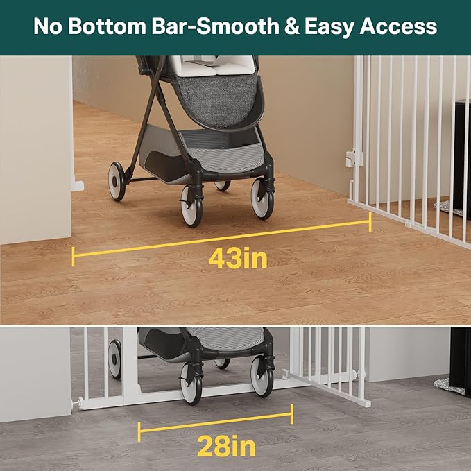 Cumbor 34" Extra Tall No Bottom Bar Baby Gate for Stairs, Wall Mounted Dog Gate Indoor for Larger Pets, Expandable 29.2-43" Safety Gate for Doorways, Wide Walk Thru Door for Easy Access (White)