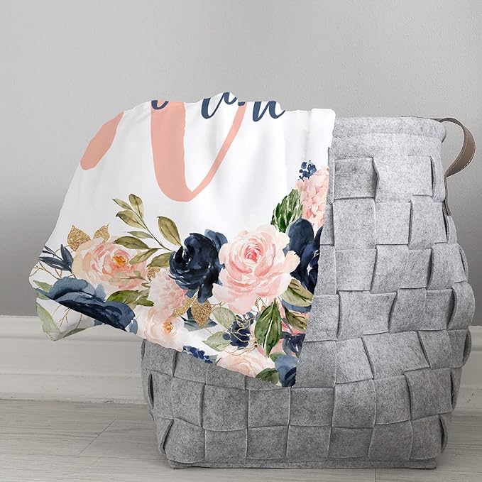 Girls Love A Monogram - Personalzied Floral Baby Blankets for Girls - Custom Baby Blankets for Girls with Name - Personalized Baby Girl Shower Gifts (Navy & Blush, 50 X 60 Kids)