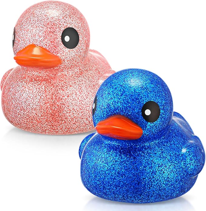 Honoson 2 Pcs 6.89 Inch Giant Glitter Rubber Ducks Big Sparkly Rubber Ducks Jumbo Bathtub Toys with Squeaky Sound for Baby Shower Pool Activity Birthday Gift(Glitter,Blue, Pink)