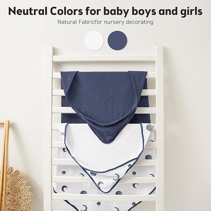 Susurration Hooded Baby Towels for Newborn 2 Pack 100% Muslin Cotton Towel for Babies，Highly Absorbent and Newborn Essential 30x30 Inch Moon&Royal Blue