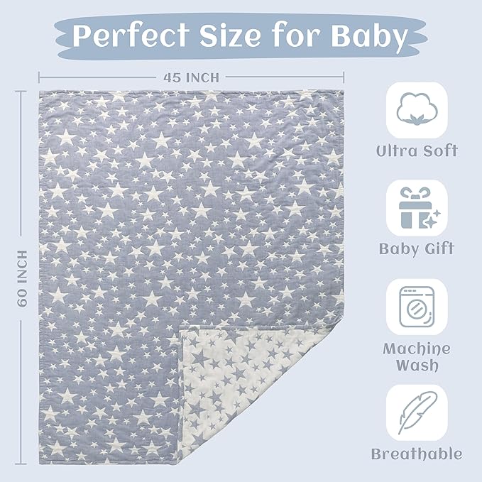 NTBAY 3 Layer Oversized Muslin Cotton Toddler Blanket, 45x60 Inches Jacquard Reversible Nursery Bed Blanket, Super Soft and Thermal Crib Blanket for All Seasons, Baby Gift, 45"x60", Blue/White Star