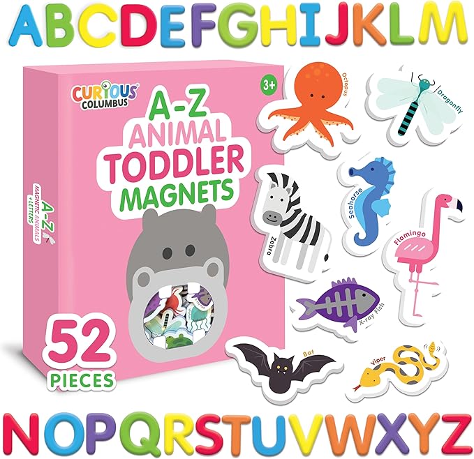 Curious Columbus Toddler Magnets – Animal Fridge Magnets for Kids | 52 Refrigerator Magnets with 26 Animals + 26 ABC Magnetic Letters | Foam Alphabet Learning Set for Toddlers