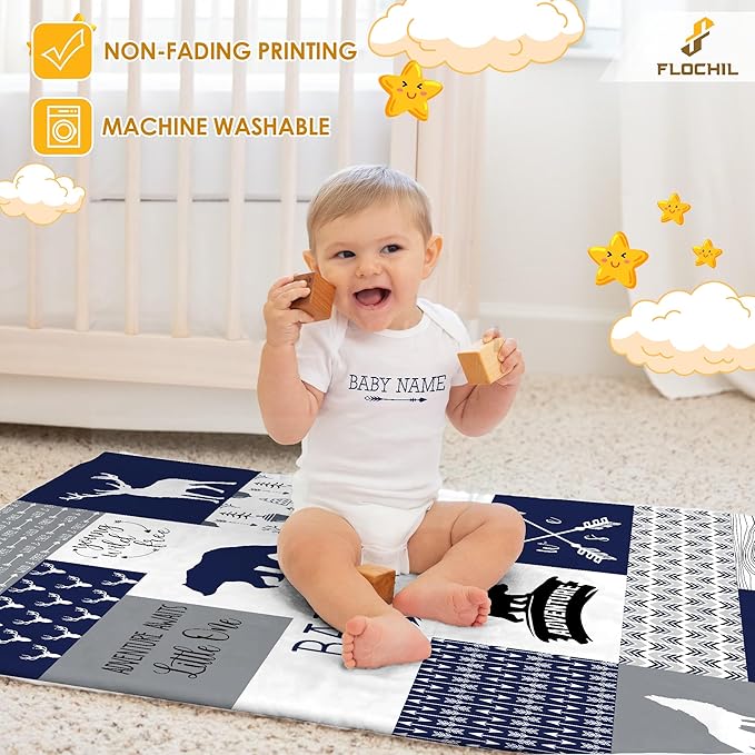 Personalized Baby Blankets, Custom Baby Blanket - Baby Blanket with Name for Boys, Best Gift for Baby, Newborn Elephants Flush Fleece (30x40) (Woodland 3)