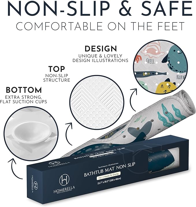 Homerella Baby Bath Tub Mat | Anti Mold Mildew Resistant Non Slip Kids and Adult Bath Tub Shower Mats | 40x16 inch Long with Suction Cups for Secure Grip Hooks for Storage & Drying | Machine Washable