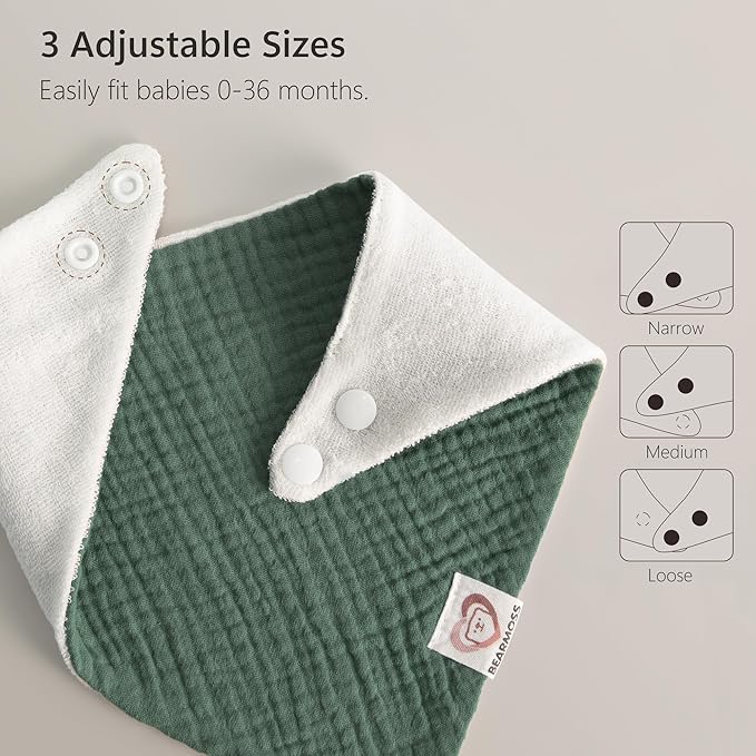 Bearmoss Muslin Baby Bibs 8 Pack Soft Bandana Bibs for Drooling & Teething, Absorbent Burp Cloths with Adjustable Snaps