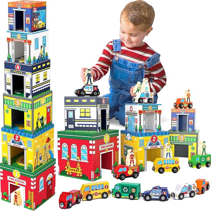 Atoylink Toddler Sorting and Stacking Toys with Magnetic Wooden Cars & Community Helpers, Baby Number Blocks Nesting Boxes Preschool Learning Montessori Toys for 1 2 3 Year Old Boys Girls Gift