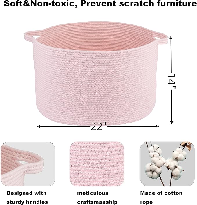 Large Cotton Rope Basket Blankets Basket Living Room 22"x14" Toy Baskets for Kids and Dogs Rope Storage Baskets for Nursery Woven Laundry Baskets for Clothes Towels Baby Toy Storage Round pink