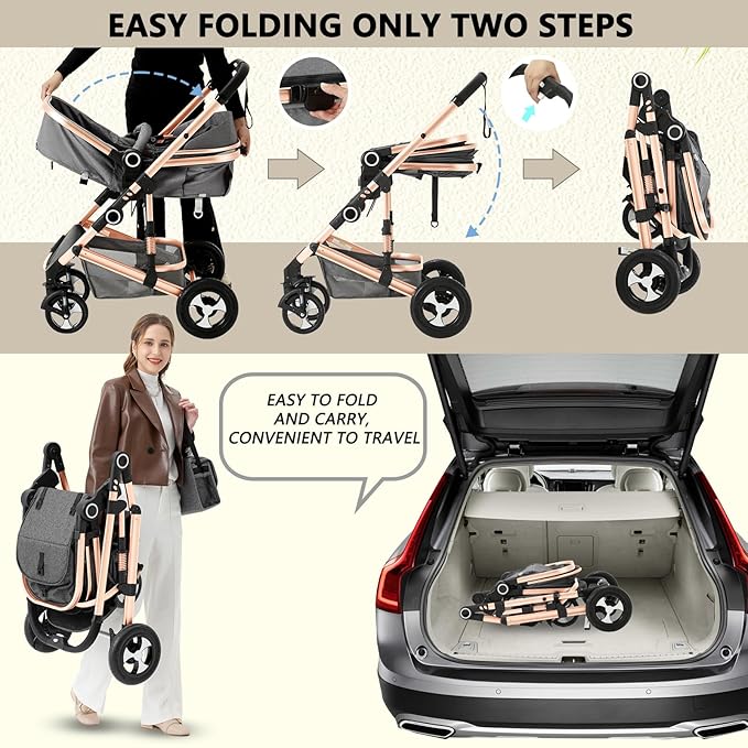 Kinder King 2 in 1 Convertible Baby Stroller, Folding High Landscape Infant Carriage, Newborn Reversible Pram, Adjustable Canopy, Diaper Bag, Anti-Shock Toddler Pushchair Stroller, Gold