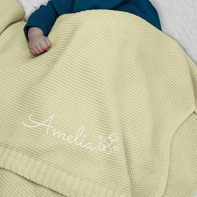 Personalized Baby Blanket, Embroidered Name, 100% Cotton Handmade Custom Blanket, 350GSM Knit Blankets, Newborn Boy Or Girl Baby Gift