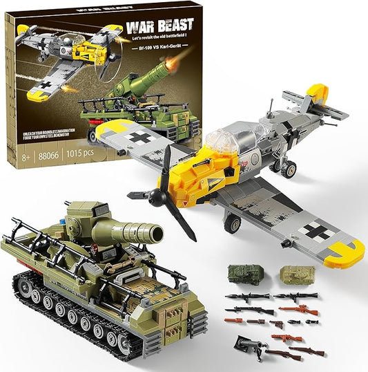 WW2 Military Toys Building Sets Compatible with Lego, Create a BF109 Plane Fighter Jet & a Karl Giant Mortar Tank, Great WWII Army Airplane Toy for Boys and Kids Age 8-12
