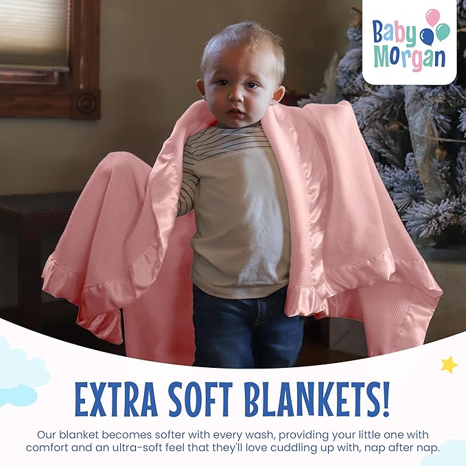 Blankets - Thermal Waffle Warm Baby Blanket for Crib - Soft and Cozy Baby Crib Blanket for Nursery, Stroller, or Naptime Comfort - Ideal Shower Gift - Pink, Satin Trim (36" x 50")