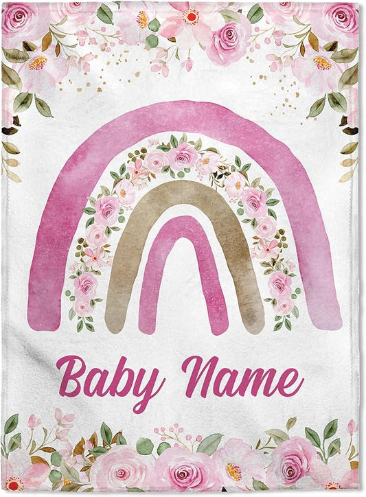FLOCHIL Personalized Baby Blanket for Girls, Custom Baby Blanket with Name, Customized Baby Products, Gift for Baby, Newborn, Baby Shower (Rainbow)