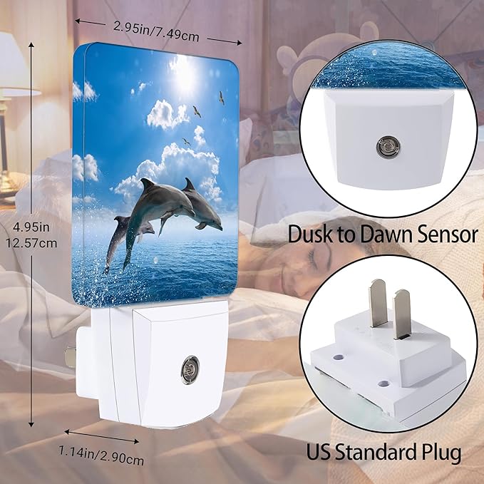 Dolphins Seagulls Night Light, Marine Wildlife Night Lights Plug into Wall Decor for Bedroom, Bathroom, Dusk to Dawn Sensor Nightlights for Girls Women Room Gifts