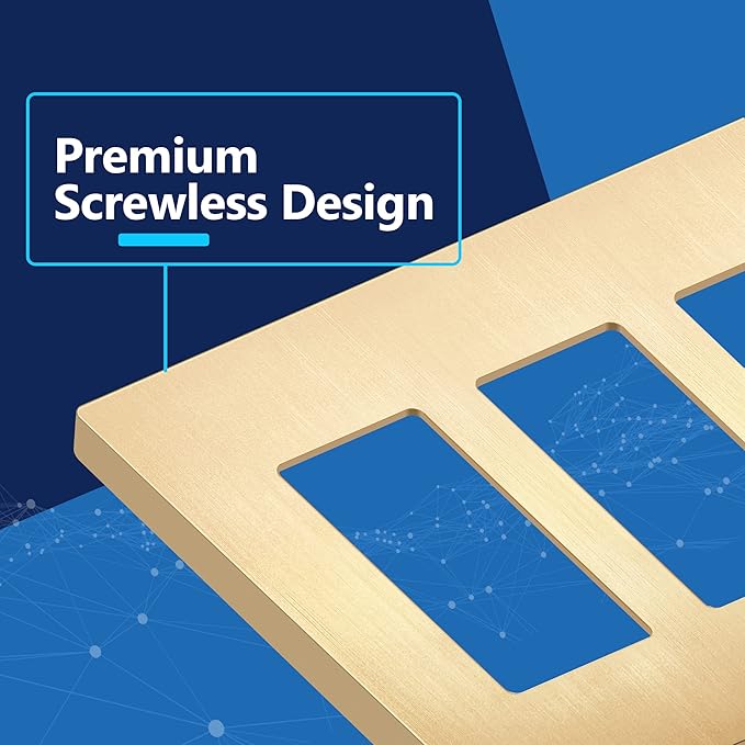 LIDER Brushed Finish Decorator Switch Cover, Screwless Wall Plate, Mid-Size 3-Gang 4.88" x 6.77", Unbreakable Polycarbonate Thermoplastic, UL Listed, LSWP-33M-BGD, Brushed Gold