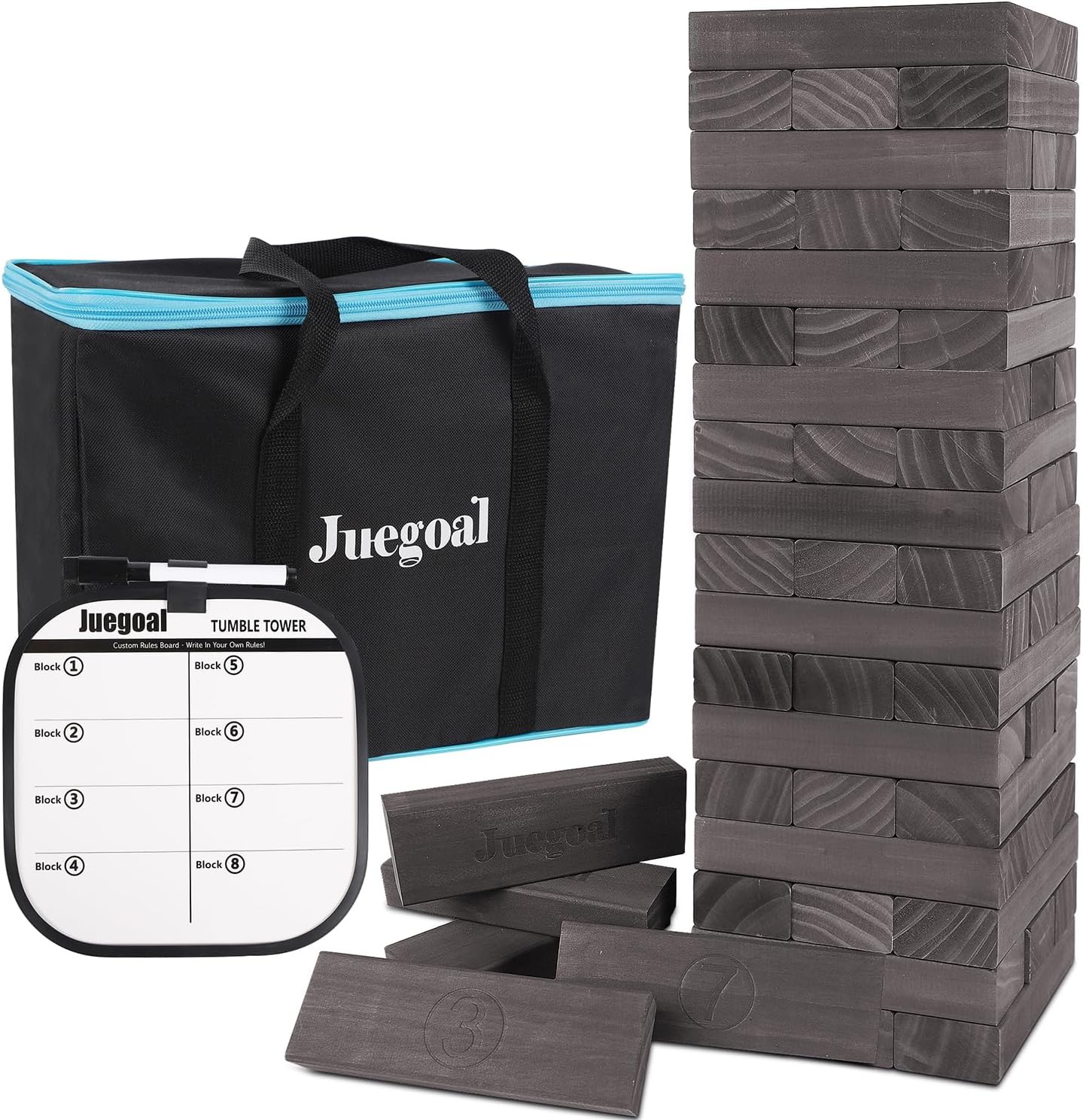 Juegoal 54 Piece Giant Tumble Tower Grey for Adult Kids Family, Wooden Block Stacking Game with Gameboard & Canvas Bag, Outdoor Games for Backyard Lawn Party Playing, 6.9 x 6.9 x 24 Inches,X-Large