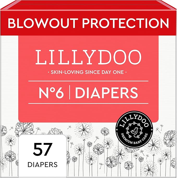 LILLYDOO Baby Diapers - Size 6 (29+ lbs), Half-Monthly Supply (57 Count), Leak Protection, Skin-Friendly, Ultrasoft, Perfume- & Chlorine-Free, Hypoallergenic, Dermatologist Tested, Oeko-TEX®