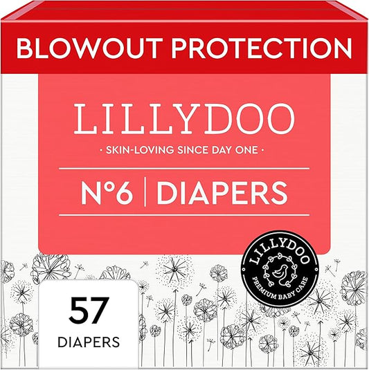 LILLYDOO Baby Diapers - Size 6 (29+ lbs), Half-Monthly Supply (57 Count), Leak Protection, Skin-Friendly, Ultrasoft, Perfume- & Chlorine-Free, Hypoallergenic, Dermatologist Tested, Oeko-TEX®