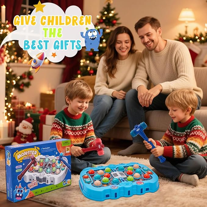 Whack a mole Game for 3 4 5 6+ Year Old Boys, Interactive Pounding Bench with 9 Speed Levels, Interactive Educational Toy with Sound and Light,PK Mode with 2 Hammers