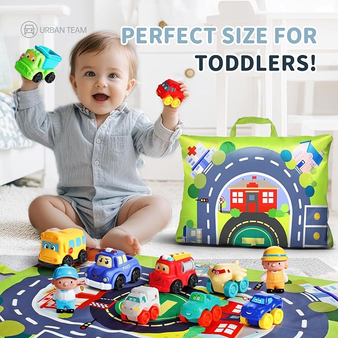 ALASOU 12 PCS Soft Rubber Car Toys for 1 Year Old Boy with Playmat/Storage Bag|1 Year Old Boy Gifts|1st Birthday Gifts for Toddler Toys Age 1-2|Baby Toys 12-18 Months