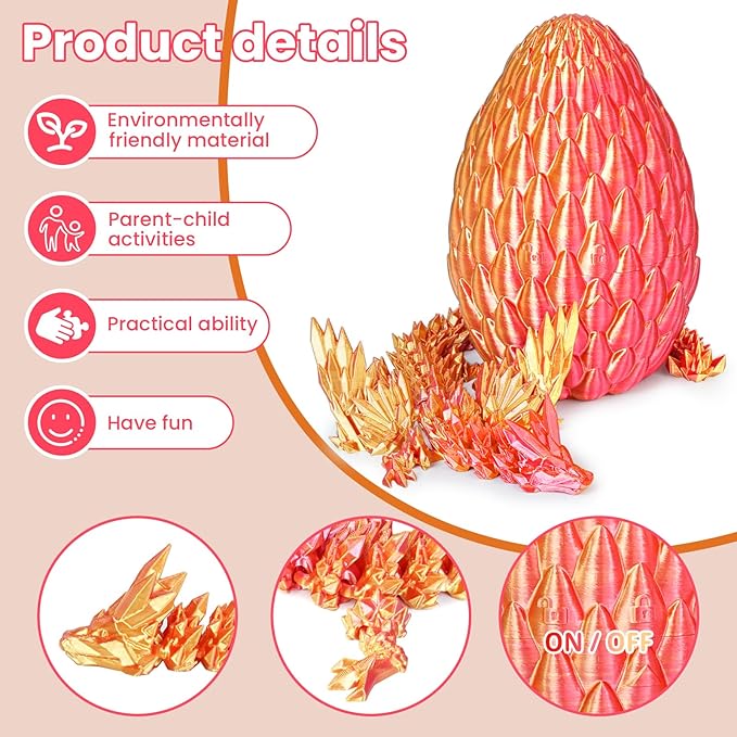 3D Printed Dragon Eggs with Articulated Fly Dragon Inside, Collectible Figurines Fidget Toy for Adults Kids Birthday Easter Christmas White Elephant Gifts for Friends Colleagues(Red Gold, M size)