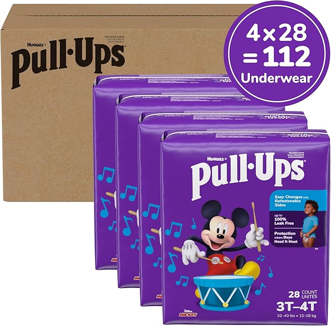 Pull-Ups Boys' Potty Training Pants, Size 3T-4T Training Underwear (32-40 lbs), 112 Count (4 Packs of 28), Packaging May Vary