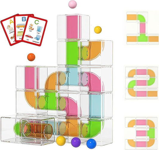 24 PCS Stacking Blocks - 1.6 Inch Transparent Puzzle Building Cubes with Learning Cards, Pipe Tube Inside for Marble Run, Educational STEM Toy for Kids Ages 3+, Sensory Gifts for Boys Girls