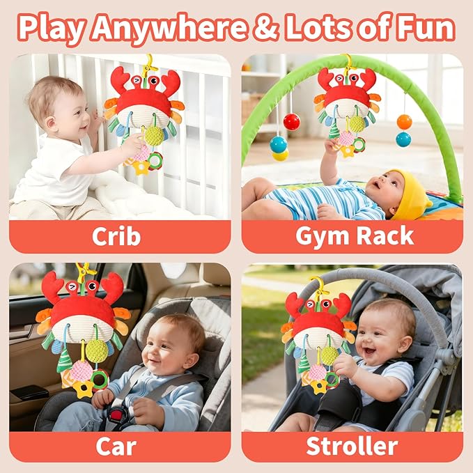 Car Seat Toys for Babies 0–12 Months, Hanging Infant Plush Rattle Toy with Mirror & Crinkle Clip-On Activity Toy for Car Seat, Stroller, Crib & Play Gym Baby Gift for Boys & Girls