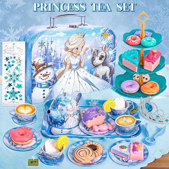Frozen Tea Party Set for Little Girls, Princess Gift Toy, Kids Pretend Play Tin Tea Set with Teapot, Tea Cups, Food Playset & Carrying Case, Birthday for Girls Age 3+
