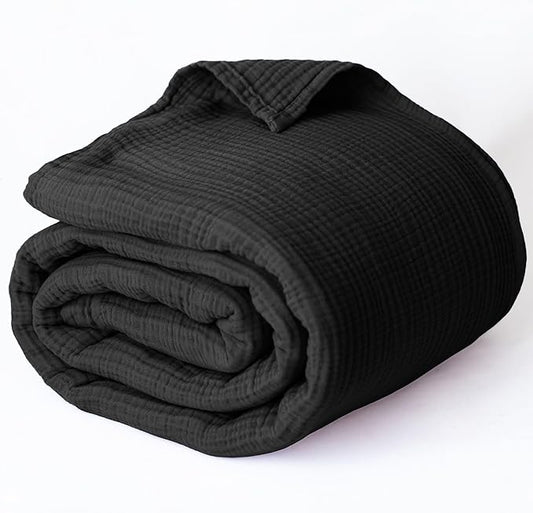 100% Turkish Cotton Muslin Blanket Twin Size 63"x91" Black, Soft 4-Layer Lightweight Thin Gauze Muslim Blankets for Summer (Black, Twin Size: 63" x 91")