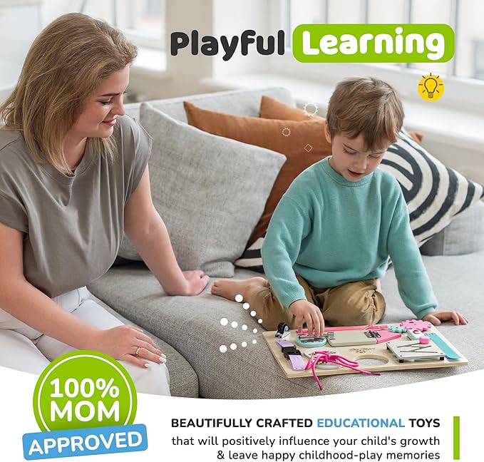 deMoca Sensory Busy Board for Toddlers, Premium Wooden Toddler Busy Board for 1 2 3 Year Old with 10 Educational Activities for Fine Motor Skills, Fidget Activity Toy for Travel Toy (Coral - Large)