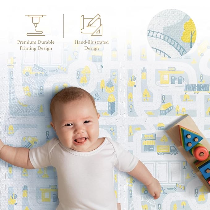 PopsyKosy Premium Baby Foam Play Mats - Stylish Floor & Exercise Puzzle Mat for Toddlers and Kids- 6 Soft, Non-Toxic, Odorless, Peel-Resistant Foam Tiles - 6ft x 4ft- 0.5” inch Thick, Pastel Blue Gray