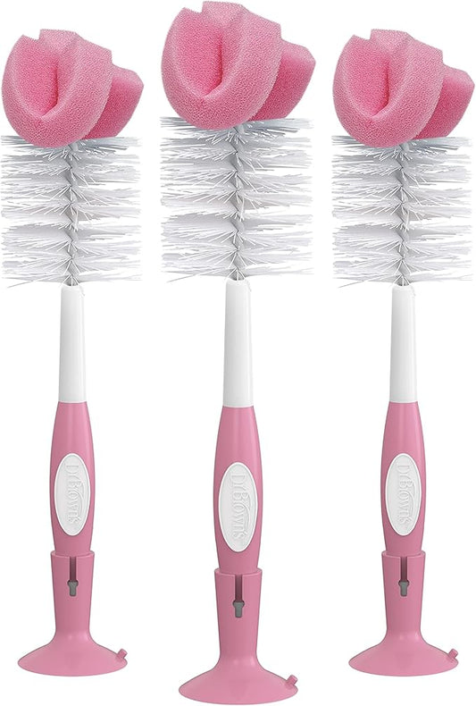 Dr. Brown's Reusable Sponge Baby Bottle Cleaning Brush Set with Suction Cup Stand, Scrubber and Nipple Cleaner, Pink, 3 Pack