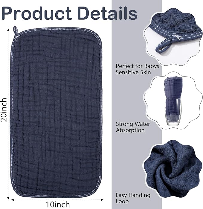 VitalCozy 6 Pcs Baby Muslin Hooded Bath Towels and Washcloths, 32 x 32 Inch Muslin Cotton Hooded Baby Towels Absorbent Hooded Blankets for Gift Newborn Infant Shower (Dark Blue,Light Blue)