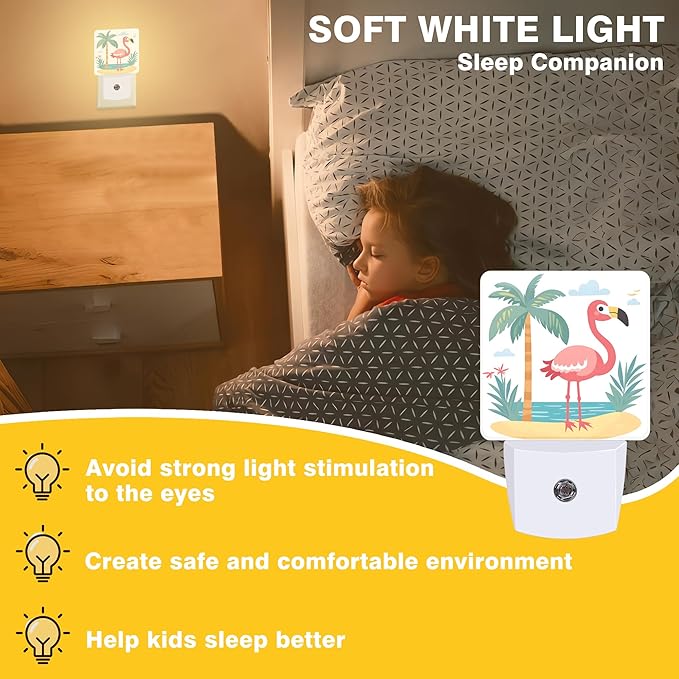 Flamingo on Tropical Island Night Light, Plug-in Nightlight with Dusk to Dawn Auto Sensor for Home Bedroom Hallway Kitchen 0.5W Sleep Friendly Led Lamp for Women Men