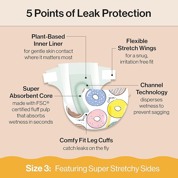 The Honest Company Clean Conscious Diapers for Sensitive Skin, Up to 100% Leakproof Hypoallergenic Fragrance-Free Baby Diapers, Gender Neutral Prints, Super Club Box, Size 3 (16–28 lbs), 120 Count