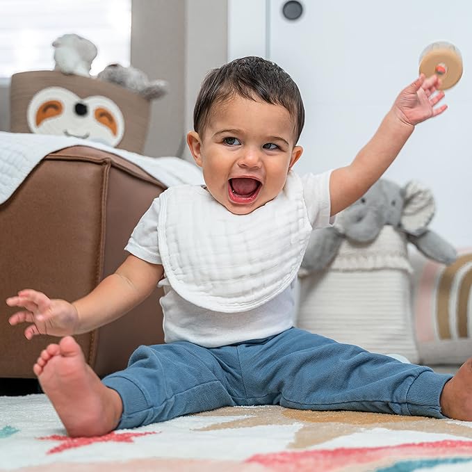 Comfy Cubs Muslin Bibs for Babies, Pack of 8 - Soft and Highly Absorbent, Feeding, Drool and Teething Bib, Adjustable Snaps - Stylish & Colorful Unisex Designs, Giftable Set - White