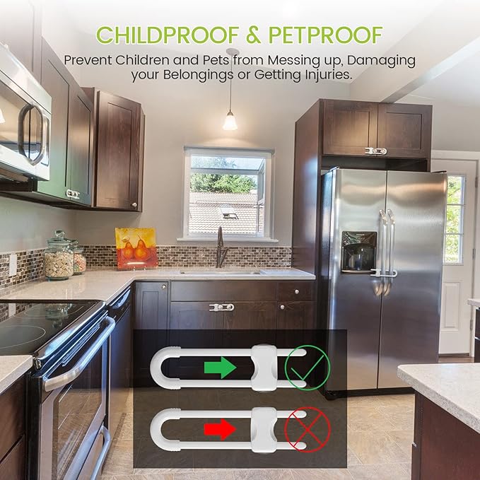 Jetec 10 Pieces Cabinet Locks for Babies, U-Shaped Proofing Drawers Safety Child Locks Adjustable, Easy to Use Childproof Latch for Knob Handle on Kitchen Door Storage Cupboard Closet (White)