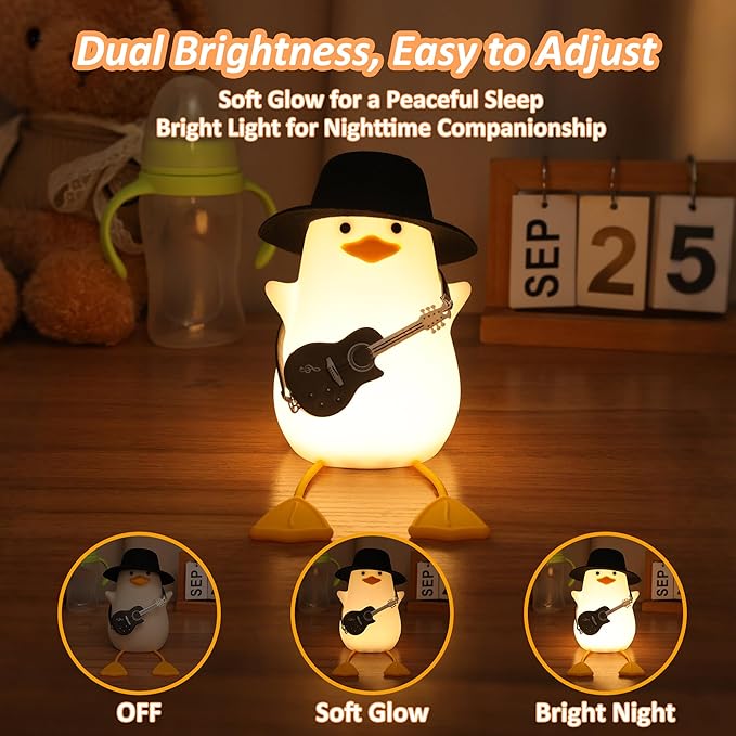 Duck Night Light, Squishy Duck Lamp, Silicone Bedside Light Up Funny Duck with Dimmer & Rechargeable. Birthday Gifts for Friends Women(Guitar Duck)