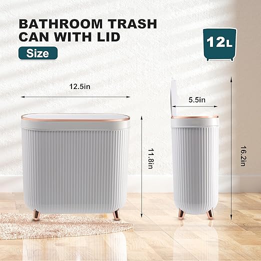 Bathroom Trash Can with Lid 3.2 Gallon Narrow Trash Can Small Plastic Trash Bin 12 Liter Rectangular Plastic Garbage Can with Press Type Lid for Bedroom Bathroom Milk White
