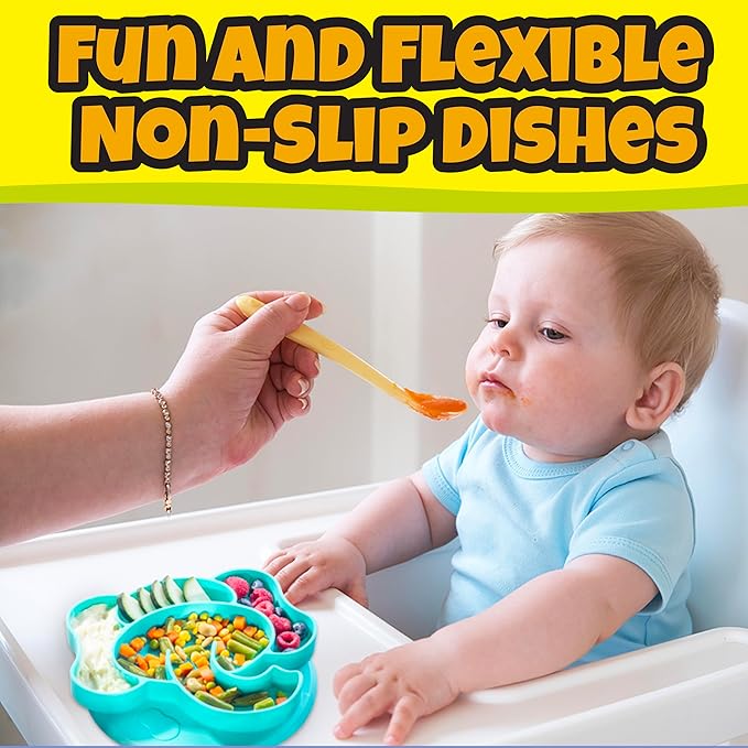Animal Silicone Compartment Plates- 3 PK Lion, Monkey, Elephant- Large Divided Sections for Easy Grabbing Baby Food Training, Non-Slip Unbreakable Material, Flexible Shapes for Toddlers, Kids-BPA Free