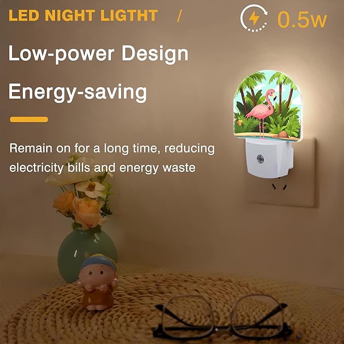Night Light, Pink Flamingo on Tropical Island Night Lights Plug into Wall Dusk to Dawn Sensor Round Nightlight for Women Men Energy Efficient Led Lamp 0.5W for Stairway Hallway Bedroom