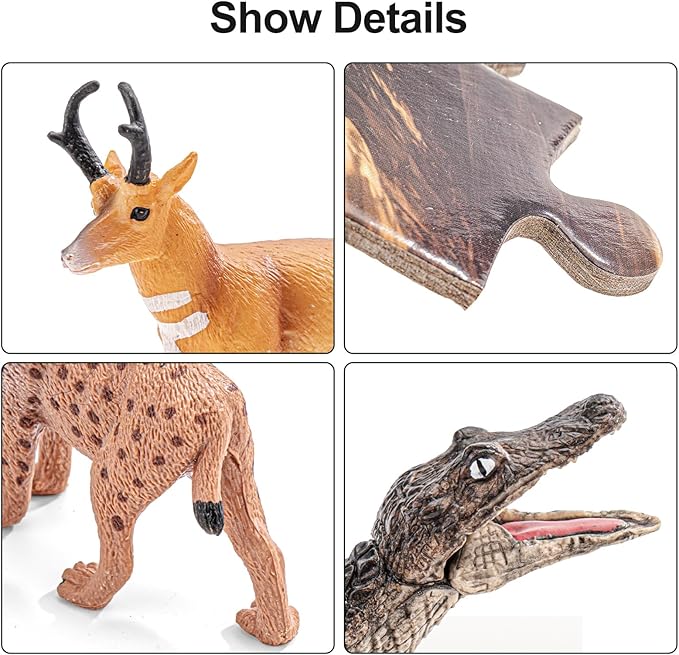 12PCS Large North American Animal Figurines & 67PCS Large Woodland Jigsaw Puzzles Toys for Preschool Kids Toddlers, Ideal Realistic Safari Animals Toys Gift for Toddlers Kids