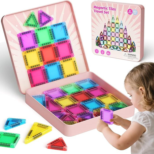 Travel Magnetic Tiles Building Set 60 PCS Transparent 3D Magnetic Blocks with Construction Board STEM Educational Building Toys for Boys & Girls Ages 3-12