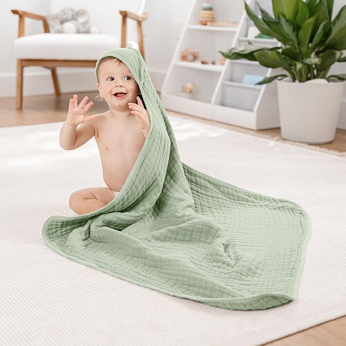 Comfy Cubs Hooded Baby Towel 1-Pack, Large 32 x 32 Inch - 6 Layer 100% Muslin Cotton for Babies, Toddlers and Kids - Soft & Absorbent Baby Bath Towels - Unisex Design for Bath Time - Sage